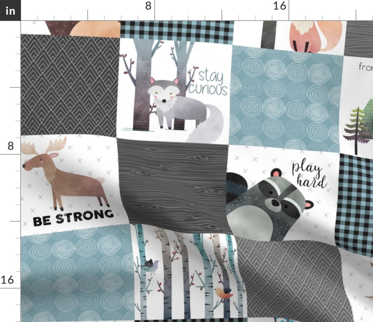 Woodland Patchwork Quilt Bear Moose Fox Raccoon Wolf Gray & Blue Animals Boy Nursery Custom Printed Fabric by Spoonflower Various Fabrics by the Yard or Fat Quarter